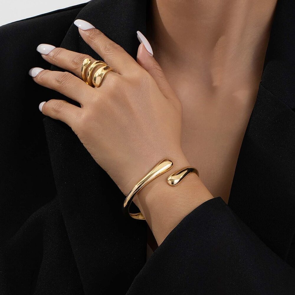 Gold 2 Pc Bangle Bracelets for Women and Teens Adjustable Chunky Twist Cuff - Picture 5 of 7